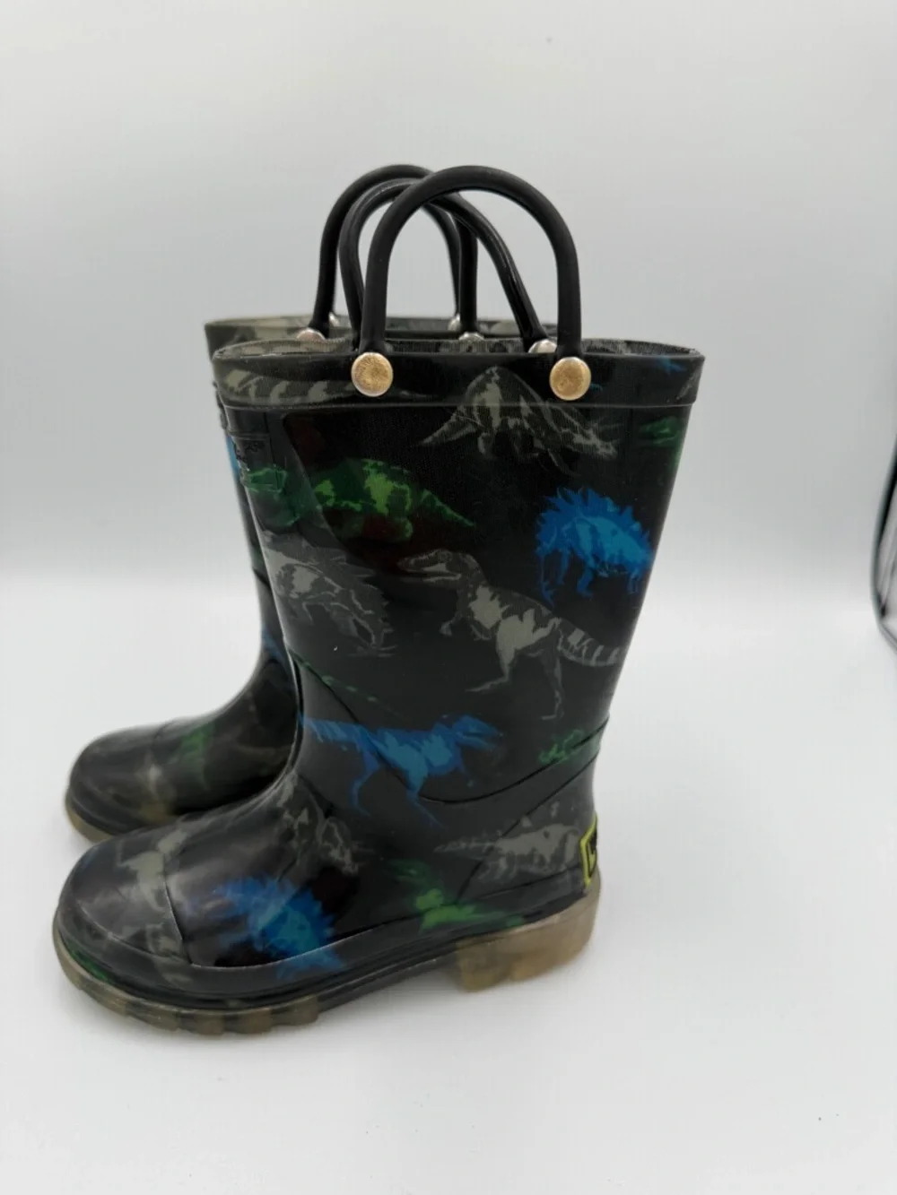 Western Chief Toddler Boy 8 Black Rain Boots Blue & Green Dinosaurs Handles